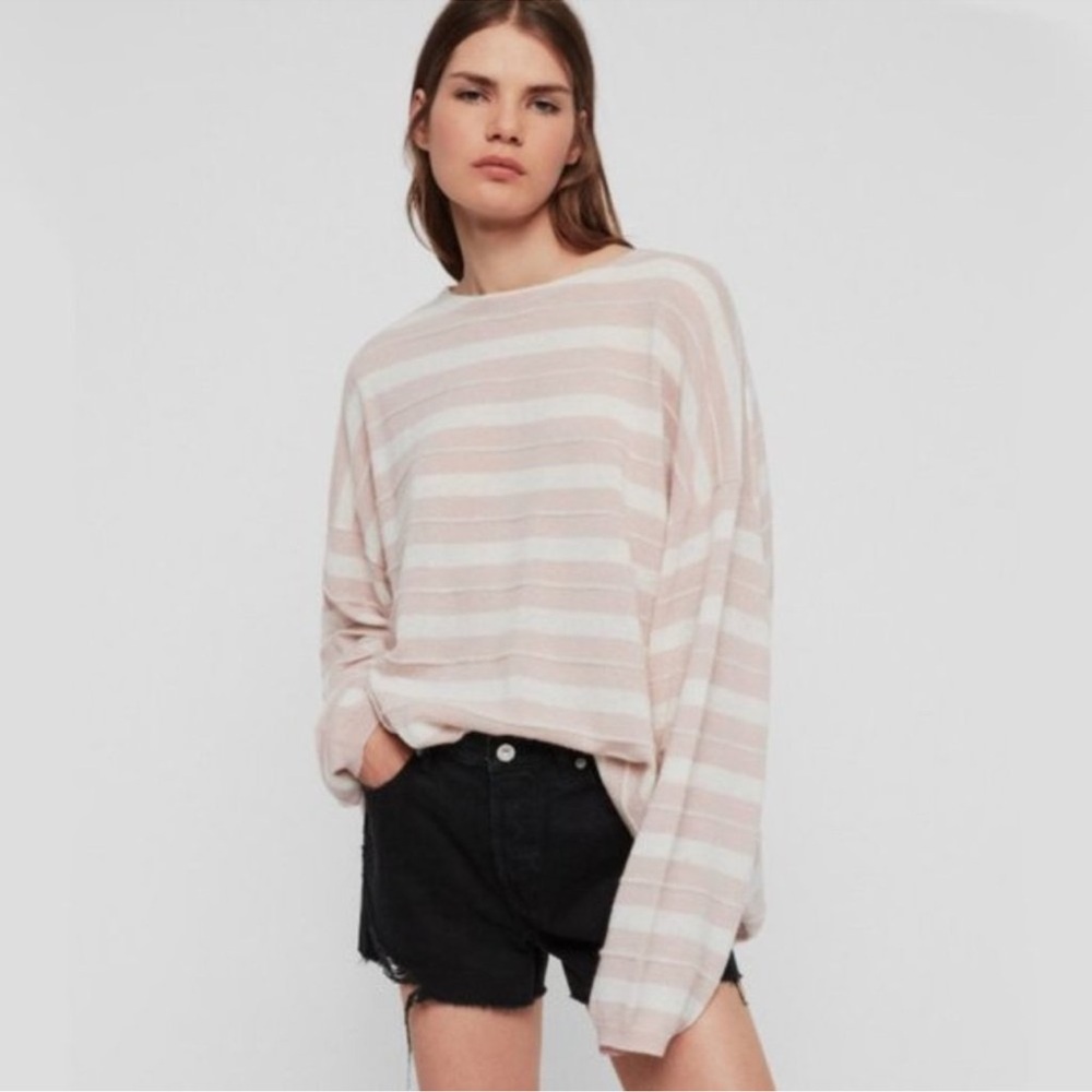 AllSaints Cassia Boatneck chalk and pink Striped Sweater